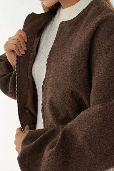 Hiccup Oversized Kaşe Bomber Jacket with Zipper