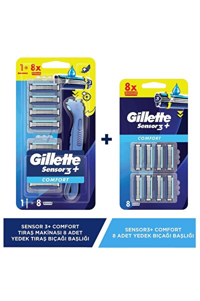 Gillette Sensor3+ Comfort 8'li Yedek Bıçağı Başlıklı Tıraş Makinesi + 8'li Ye...