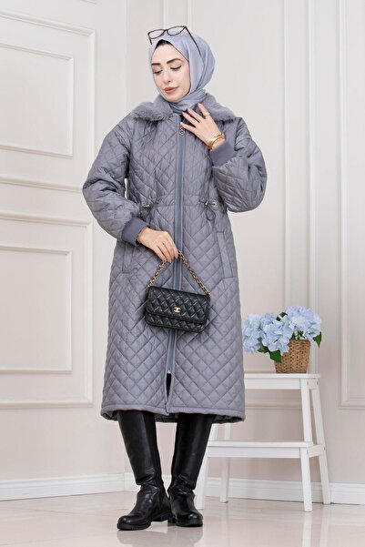 Sevitli Capitone Coat with Fur Collar - Gray
