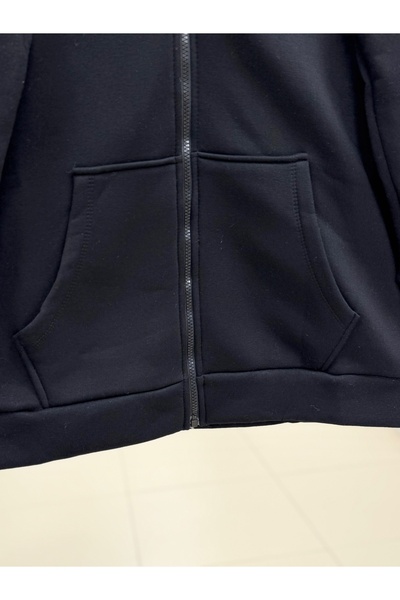 MİHRA STORE Celinda Three Thread Zippered Hooded Cardigan-Zi̇3055 Black