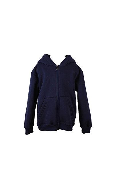 trender Zippered Hooded Cardigan Navy Blue Boy's Sweatshirt 3 Thread Ş Fleece-Lined Basic