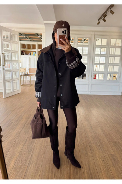 FEMMESTUDIO Jachetă neagră pentru femei, cu guler din piele, căptușită în car...