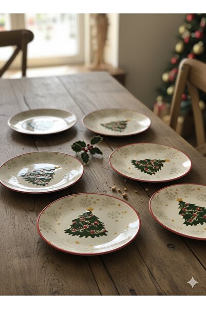 Molino 6’lı Yılbaşı Desenli Pasta Tabağı 19cm Çam ağacı Motifli Pasta Tabak