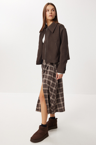 Lovelyİstanbul Belted Checkered Flared Woven Skirt Lns0015 Brown Vison