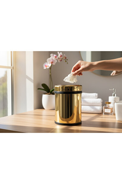İSAOĞLU YAPI Gold Rotating Lid Trash Can 8 Liter Volume Practical Lid Steel Material