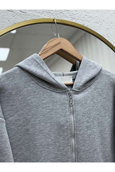 MİHRA STORE Celinda Three Thread Zippered Hooded Cardigan-Zi̇3055 Gray