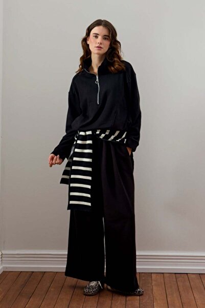 Ceylan Otantik Black 3 Thread Half Zipper Tracksuit Set