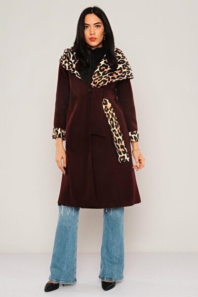 Lila Rose Leopar Astarlı Şık Kaşe Kaban