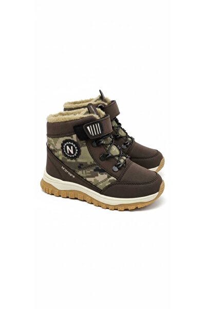 McDark Bej Camouflage Boys' Fur-Lined Snap-On Boots