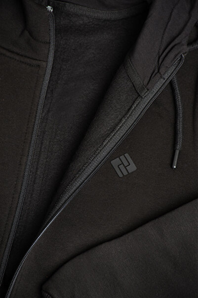 grand coco Men's 3 Thread Ş Fleece-Lined Fabric Black K Hooded Jacket