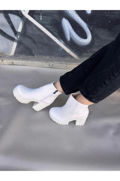 salto ayakkabı Low-Cut White Platform Heeled Boots