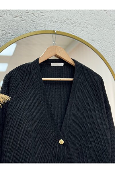 MİHRA STORE Fhina Corded Fabric 4 Gold Button Cardigan-Zi̇6202 Black