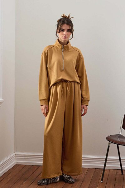 Ceylan Otantik Caramel 3 Thread Half Zipper Tracksuit Set