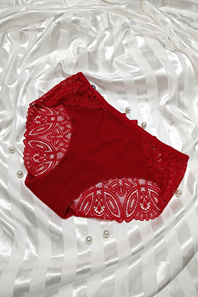 Papatya Kırmızı Dantelli Yüksek bel arka V Detaylı külot