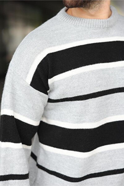 Madmext Gray Striped Crew Neck Knitwear Men's Sweater E7455