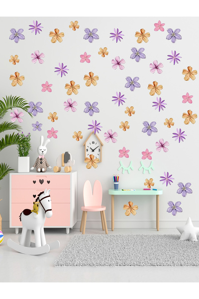 aiki Sulu Boya Renkli Çiçekler, Bebek Çocuk Odası, Cam, Ahşap, Duvar Sticker, 106 Adet