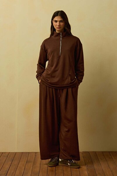 Ceylan Otantik Acı Kahve 3 Thread Half-Zip Tracksuit Set