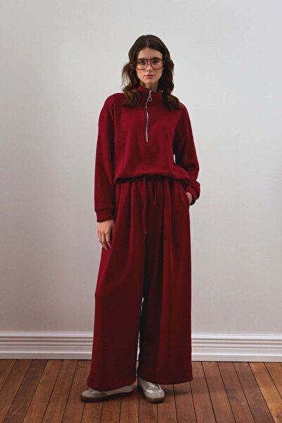 Ceylan Otantik Burgundy 3 Thread Half Zipper Tracksuit Set