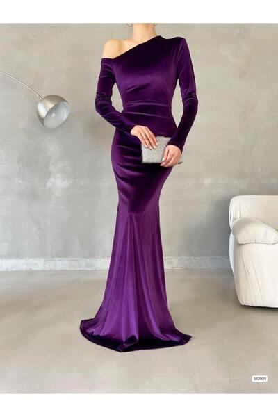 Modafeminen Off-the-shoulder maxi velvet evening dress purple 582009