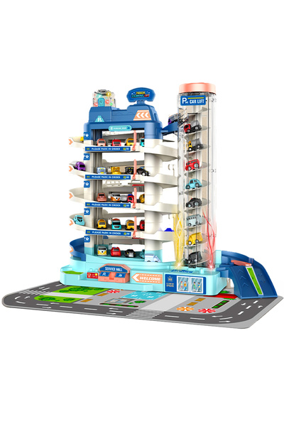 SERSIMO Garaj auto pentru copii cu locuri de parcare multiple, lift electric, mașini incluse, cu șină, 30x30x25 cm