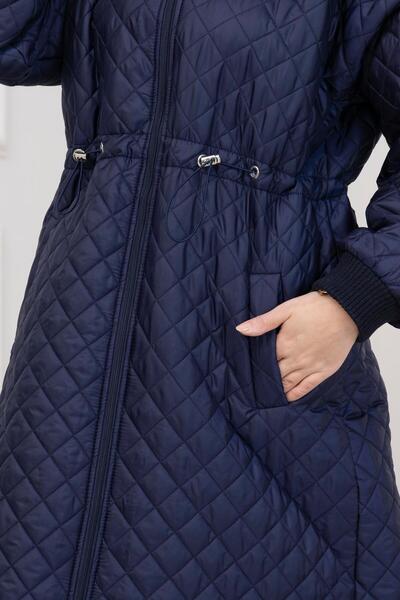 Sevitli Capitone Coat with Fur Collar-Dark Blue
