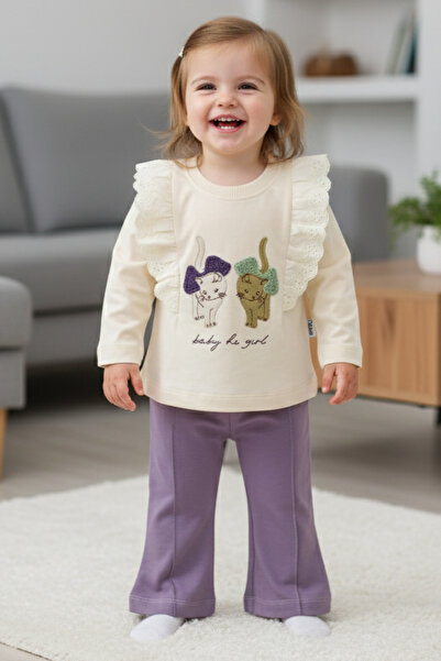 EYMİRGİYİM 100% Cotton Baby Girl Kids Set of 2 with Bow and Cat