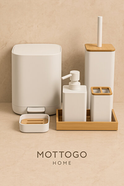 Mottogo 6’lı Modern Banyo Seti – Bambu Detaylı Mat Ekru
