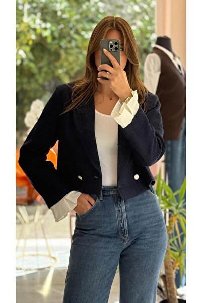 HANER BUTİK Navy Blue Cuff Sleeve Tweed Jacket
