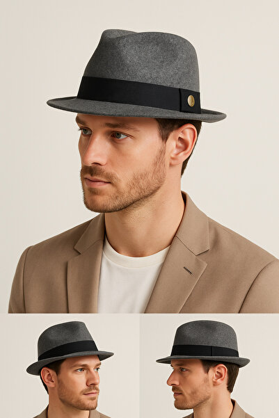 CosmoOutlet Men's Smoked Felt Material, Classic Model with Stripes, Adjustable Fedora Hat from the Inside