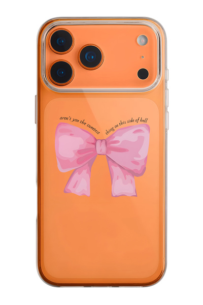 mooodcase iPhone 17 Pro Uyumlu Pembe Kurdele Desenli Şeffaf Silikon Telefon Kılıfı