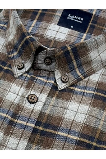 KAMER Regular Fit Winter Long Sleeve Double Pocket Buttoned Collar Plaid Brown Shirt 3880K