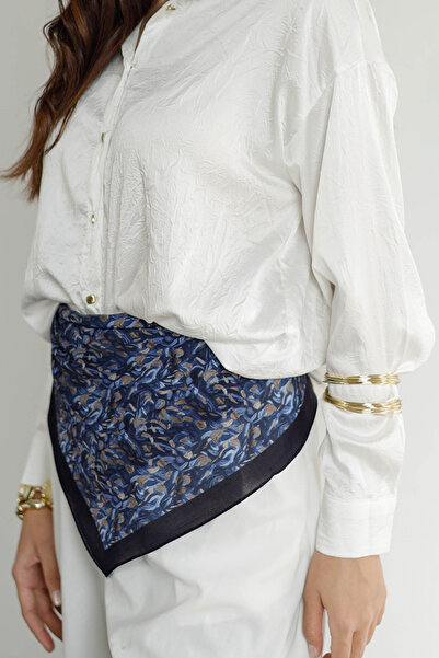 ipekistanbul %100 Organik Pamuk Fular - Yaprak Desen - Lacivert