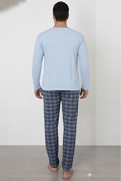 PEMBİŞ HOMEWEAR MAVI ALT EKOSE UST DUZ Erkek Uzun Kol Pijama Takımı
