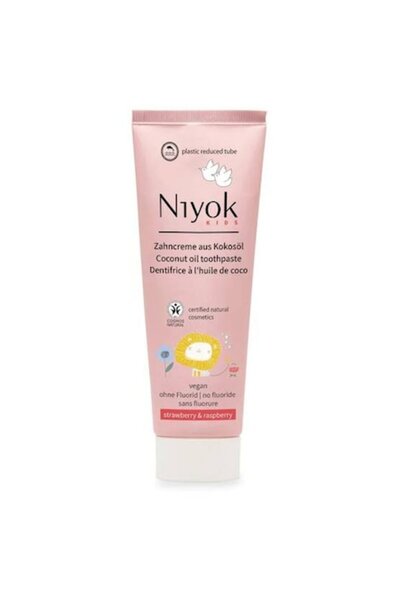 Niyok kids toothpaste with coconut oil, rose & raspberry, 75 ml, vegan, packaging