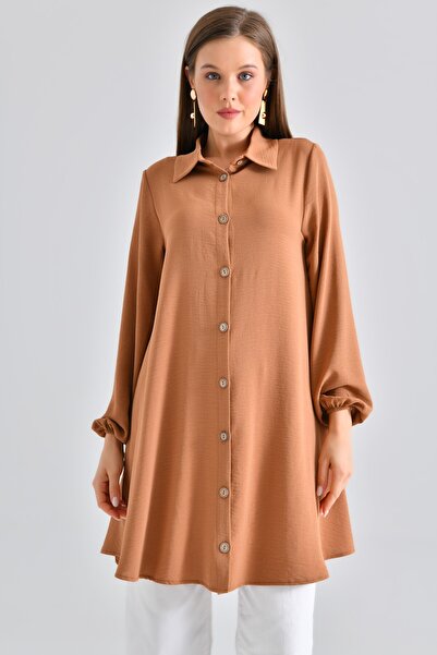 Saade Women's Shirt Collar Wooden Buttoned Collage Elastic Aerobin Woven Tunic - Regular Fit