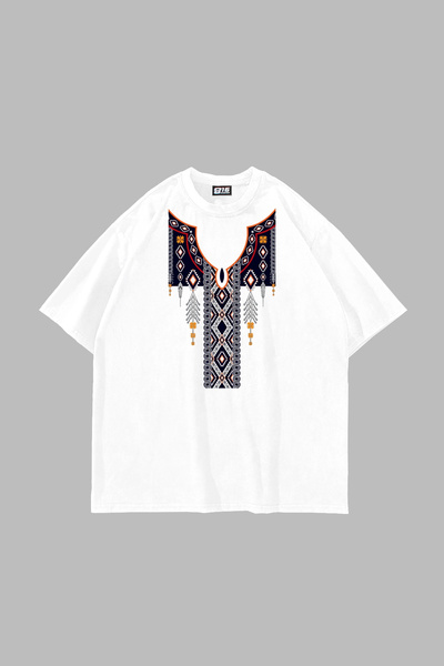 Bak Moda Ethnic Pattern με τύπωμα oversized Unisex Λευκό μπλουζάκι