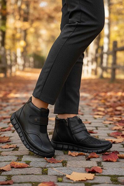 AYAKMOD Black Genuine Leather Inside Fleece Velcro Zipper Non-Slip Women's Boots 3609 Z