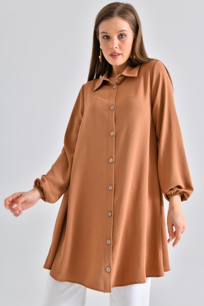 Saade Women's Shirt Collar Wooden Buttoned Collage Elastic Aerobin Woven Tunic - Regular Fit