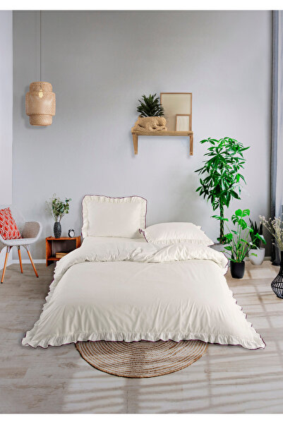 Monolisse Candy Ruffled Piped 100% Cotton Akfil Duvet Cover Set Single Ecru P...