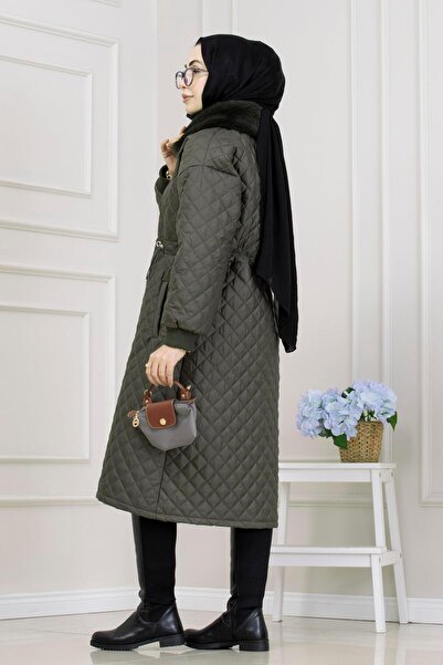 Sevitli Capitone Coat with Fur Collar-Khaki