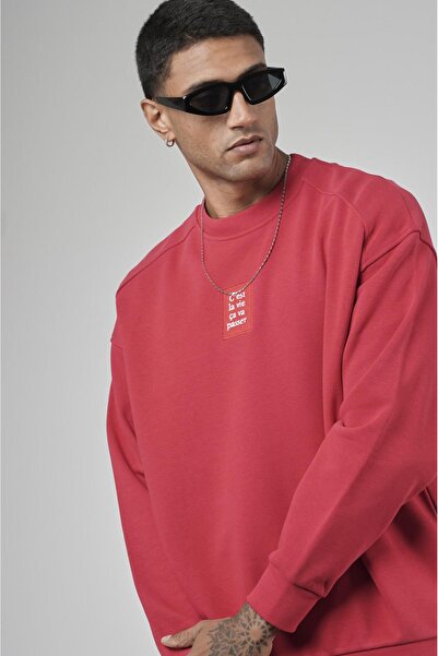 king brich Crew Neck Oversize Basic Men's Sweatshirt with Label Detail on the Front