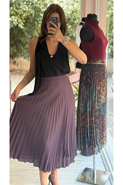 HANER BUTİK Pleated Skirt Plum