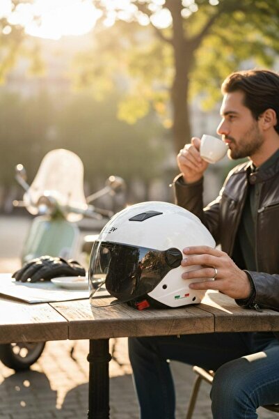 yyk SWAY SW 765 Beyaz , Güneş Vizörlü Siyah Cam Mat Yarım Açık Motosiklet Sco...