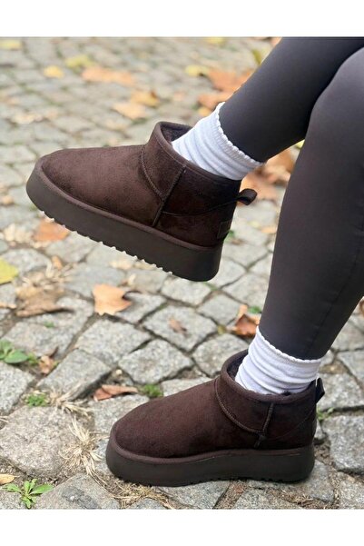 croshetherapy Kadın ACI KAHVE Süet Içi Kürklü Yünlü Kalın Tabanlı Yüksek Topuklu Taban Kışlık Kısa Mini Bot