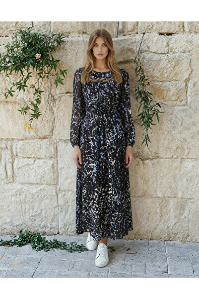 Vessmary VSM1033 day dress made of black veil with Printed and lace