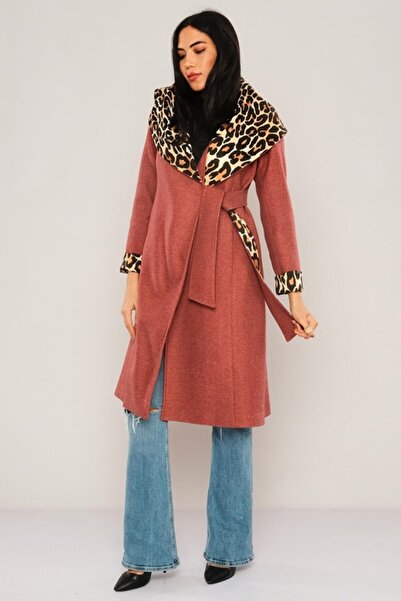 Lila Rose Leopar Astarlı Şık Kaşe Kaban