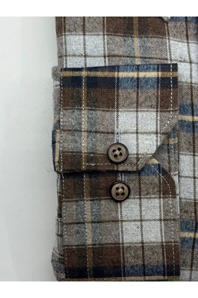 KAMER Regular Fit Winter Long Sleeve Double Pocket Buttoned Collar Plaid Brown Shirt 3880K