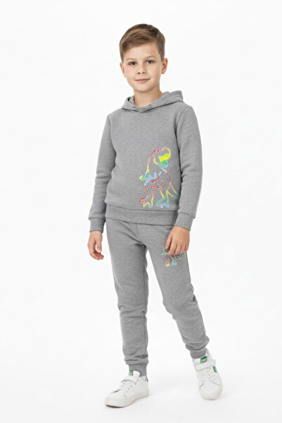 CRASSİ Boy's Tracksuit Set Dinosaur Printed Fleece-Lined Winter