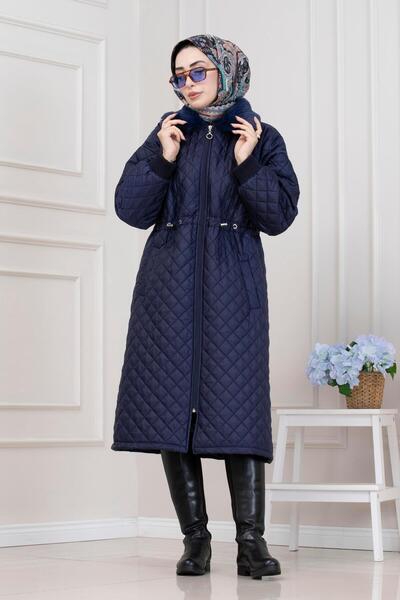 Sevitli Capitone Coat with Fur Collar-Dark Blue