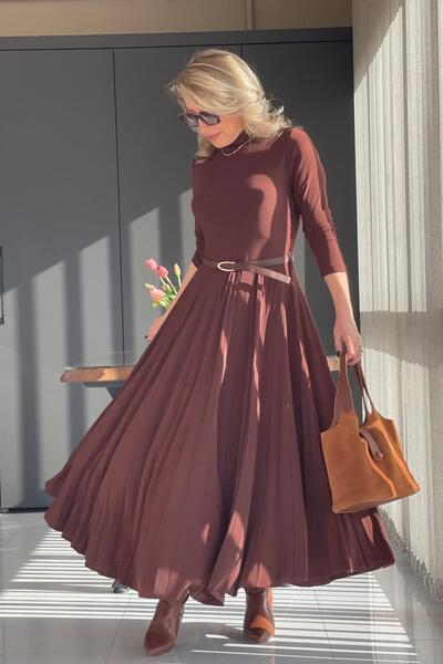 MİSLİNA BUTİK Kemer Detay Balıkçı Yaka Kahve Elbise